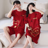 迪莉雅情侶睡衣男夏季純棉短袖薄款結(jié)婚喜慶本命年大紅色女士家居服套裝 T1891 M 女+XL男