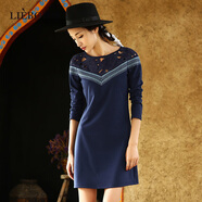 裂帛2025秋季新款刺繡民族風(fēng)時(shí)尚百搭設計師款長(cháng)袖連衣裙 藍色 S