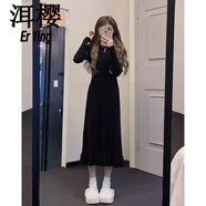 洱櫻魚尾裙連衣裙秋冬款感長袖修身針織打底女秋冬內(nèi)搭針織溫柔長裙 黑色連衣裙 M 80-95斤
