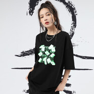 金苑短袖T恤女2022秋季新款寬松時(shí)尚個(gè)性潮流印花圓領(lǐng)上衣F223111 黑色 S