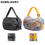 日式折疊購物袋出游加厚手提收納袋戶(hù)外旅行包便攜雙肩背包大容量 豹紋黑色+多彩格子【組合搭配】