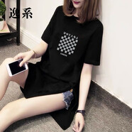 逸系長款T恤女遮臀短袖t恤女夏季2025新款韓版寬松中長款不規(guī)則上衣 黑色 棋盤 XL 130-145斤