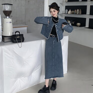 AHKA美式復古毛邊牛仔套裝女春季新款港風(fēng)牛仔外套中長(cháng)款半身裙兩件套 牛仔外套+牛仔裙 2XL