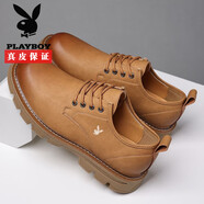 花花公子男皮鞋真皮牛皮防滑工裝鞋英倫復古大頭靴皮鞋厚底馬丁靴 黃色 HH5085 44