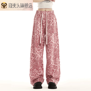 寇夫人豹紋褲子男女工裝褲美式復(fù)古ins嘻哈街舞休閑寬松直筒褲 粉色 3XL