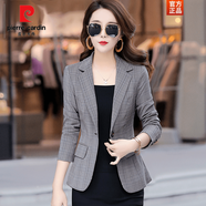 皮爾卡丹（pierre cardin）長(cháng)袖小西裝女外套修身2025春秋顯瘦小個(gè)子女西服格子韓版短款上衣 咖色 L