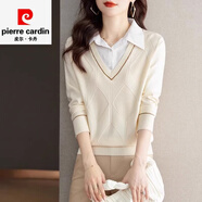 皮爾卡丹2025秋裝新款假兩件上衣女士襯衫毛衣針織衫長(cháng)袖時(shí)尚洋氣打底小衫 米杏色 XL