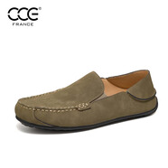 CCE牛皮男鞋復古時(shí)尚豆豆鞋一腳蹬舒適懶人鞋透氣可踩跟樂(lè )福鞋男9686 橄欖綠 37