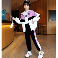 疊曼女童套裝秋裝2021新款韓版中大童洋氣時髦格子襯衫牛仔褲4-12歲兩件套休閑運動套裝潮 拼接運動套裝 -紫色 150(建議身高145左右)