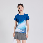 李寧國風(fēng)青花瓷羽毛球服女運(yùn)動(dòng)服短袖短裙套裝時(shí)尚裙子乒乓球跑步春夏 藍(lán)色炫彩條紋上衣+影灰色百褶裙 S