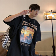 杜小閑 美式復(fù)古做舊落日印花短袖t恤男生夏季寬松半袖男青少年潮牌上衣 黑色 2XL