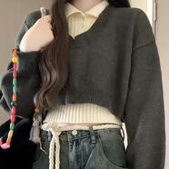 燁聆冬天衣服女甜妹穿搭套裝冬裝搭配一整套學(xué)生毛衣女裝全套高級寬松 灰色毛衣+杏色背心【兩件套】 XL【120-135斤】