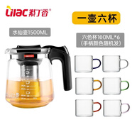 紫丁香（Lilac）食品級耐熱玻璃茶壺不銹鋼茶具可拆洗沖茶壺花茶壺大號泡茶壺 一壺+6*品茗杯套裝 1.5L