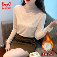 貓人（MiiOW）加絨半高領(lǐng)打底衫女裝2025秋冬新款時尚重燙鉆修身減齡長袖T恤 杏色加絨 L 105-115斤