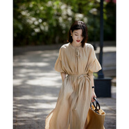 笑涵閣【不費力時(shí)髦】提花皺感/蘭精天絲棉/立領(lǐng)襯衫式連衣裙 奶油杏. L