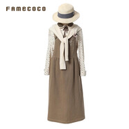 Famecoco范可兒背帶連衣裙棉質(zhì)高腰簡約風(fēng)刺繡中長裙女裝FAB6FE003 軍綠色 L