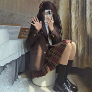 拉曼咔jk格子裙原創(chuàng  )正版西裝外套制服套裝全套秋冬女學(xué)生學(xué)院風(fēng)校服制服 卡其西裝+山楂樹(shù)裙+浩海襯衫+配飾 S 【建議75~90斤】