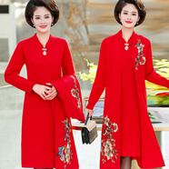 瀾思莉（LANSILI） 婆婆裝婚禮服秋冬媽媽旗袍毛衣連衣裙中老年婚宴兩件套長款外套 紅色（內(nèi)搭長袖） 2XL(135-145斤)