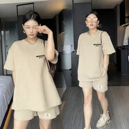 300斤胖妹加肥加大碼女裝夏款短袖短褲特大碼夏裝運動套裝寬松休閑 823#卡其色 3XL 131-160斤