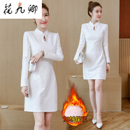 加絨祺袍 冬天旗袍加棉紅色連衣裙秋冬女中長款修身蕾絲打底衫2021長袖改良 白色 加絨保暖 2XL