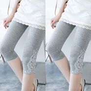 韓秀純2條裝蕾絲女七分褲花邊夏季打底褲透氣薄款彈力修身中腰大碼中褲 灰色+灰色【蕾絲2件裝】 3XL(建議150-175斤)