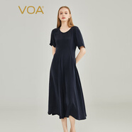 VOA30姆米重磅真絲藏青色圓領(lǐng)短袖做舊砂洗軟糯親膚連衣裙 AE2159 高原藏青（A18） XL