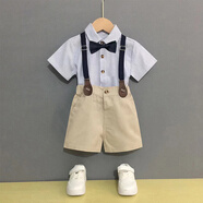 GOKU男童禮服套裝夏季兒童背帶褲花童小西裝英倫風(fēng)幼兒園畢業(yè)服演出服 藍色 120 （建議體重37-43斤）