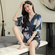 珂爾妮韓版夏季女士睡衣女生冰絲薄款短袖國風(fēng)奢華短褲可愛(ài)款家居服套裝 深藍色2208-短袖 M