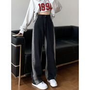 伊薇衣牛仔褲女2026年韓版新款設計感卡通小狗印花寬松直筒闊腿長(cháng)褲ins 黑色+隨機腰帶面料 S 【建議80-95斤】