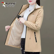 啄木鳥(niǎo)加絨風(fēng)衣女中長(cháng)款2025新款韓版休閑顯瘦冬裝夾克 卡其加絨印鳥(niǎo) M 建議80-95斤