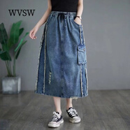 WVSW潮牌破洞毛邊牛仔裙女春夏新款時(shí)尚百搭抽繩口袋中長(cháng)款半身裙子潮 淺藍色 M【建議90-110斤】