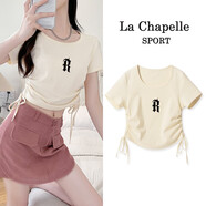 La Chapelle Sport拉夏貝爾抽繩短袖t恤女夏季潮流時(shí)尚辣妹高腰露臍修身顯瘦打底衫 奶白色(復(fù)古字體黑中標(biāo)) M /160(推薦95-110斤)