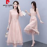 皮爾卡丹（pierre cardin）連衣裙女長袖2025年春秋季新款氣質洋氣別致驚艷早春蕾絲裙子 粉色 2XL 建議125-135斤