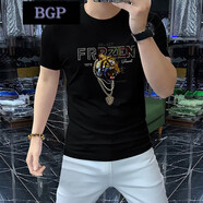 BGP潮牌歐美風(fēng)夏季新款潮流男半袖T恤圓領(lǐng)字母虎頭燙鉆百搭修身短袖 黑色 M