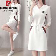 皮爾卡丹（pierre cardin）春秋季新款2025年休閑連衣裙女秋季V領(lǐng)洋氣裙子減齡直筒裙ins潮流 白色 L 建議100-120斤