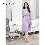 音兒專(zhuān)選優(yōu)雅V領(lǐng)收腰七分袖春日百褶連衣裙 丁香紫 XL