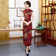 應否旗袍裙2024新款女夏季長款短袖中國風禮服高檔日常改良旗袍連衣裙 0079紅色 2XL