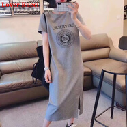 LOVER RUCCI2025夏季新款純棉短袖t恤裙韓版寬松中長(zhǎng)款過(guò)膝長(zhǎng)裙連衣裙女 灰色(圓圈粉紅豹款) M