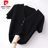 皮爾卡丹（pierre cardin）春夏新款t恤女短袖韓版短款v領(lǐng)修身純色時(shí)尚冰絲打底針織百搭顯瘦 黑色 2XL:建議125-135斤