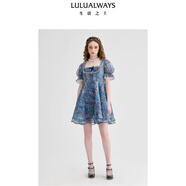 LULUALWAYS【商場同款】24秋季新款甜美顯瘦歐根紗印花短款連衣裙 藍(lán)色 L