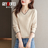 璦優(yōu)霏（aiyoufei）春秋季薄款針織羊毛衫女長袖打底衫新款t恤洋氣減齡寬松v領(lǐng)上衣女 圖片色 米色 M 建議95-105斤左右