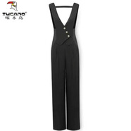 啄木鳥(niǎo)網(wǎng)紅秋季新款時(shí)尚套裝女釘珠長(cháng)袖襯衣+紐扣馬甲西裝背帶褲兩件套 單件黑色褲子 L 建議110-120斤