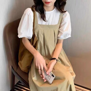 GOCHIEI學(xué)院風(fēng)小清新背帶裙女夏季寬松韓版顯瘦收腰小個子連衣裙 白色上衣 M_建議[105-120斤]