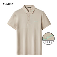 V-MENVMEN威曼男裝夏季新款刺繡修身卡其色休閑短袖薄款翻領(lǐng)P679上衣 卡其色 165/S