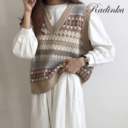 Radinka2024春秋新款毛衣馬甲女復古學生菱格撞色針織衫背心疊穿坎肩QHY 拼色 XL