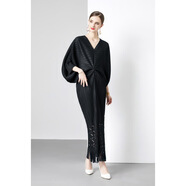 褶皺2024時(shí)尚寬松蝙蝠袖v領(lǐng)顯瘦魚(yú)尾流蘇鏤空長(cháng)裙連衣裙氣質(zhì)燒花 黑色 均碼