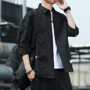 以純（YISHion）同款襯衫男韓版潮流夏季寬松七分袖上衣服男士襯 黑色 M M