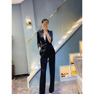 恩若凡高檔醋酸面料西裝套裝女緞面小外套夏韓版氣質(zhì)小個(gè)子職業(yè)裝西服 黑色 M