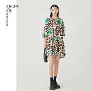 噢姆（AUM）【花開(kāi)元寶】AUM噢姆年春款娃娃裙彩色印花闊版A型時(shí)髦連衣裙女 花色 S