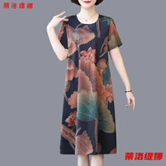 蒂洛緹娜中老年媽媽裝印花連衣裙夏季新款大碼寬松短袖遮肚中長(cháng)裙 3藏青色荷花 3XL 建議135-145斤